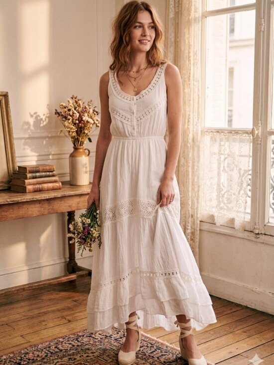 Rebellion Dresses & Skirts - White Maxi Dress Button Front Crochet Boho Country Coastal Cottagecore Size M